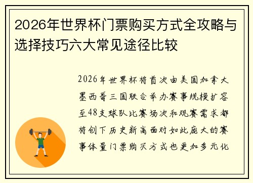 2026年世界杯门票购买方式全攻略与选择技巧六大常见途径比较
