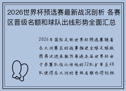 2026世界杯预选赛最新战况剖析 各赛区晋级名额和球队出线形势全面汇总 2026世界杯预选赛最新战况剖析 各赛区晋级名额和球队出线形势全面汇总